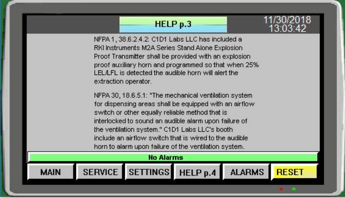 Extraction Booth Controller Screen Descriptions